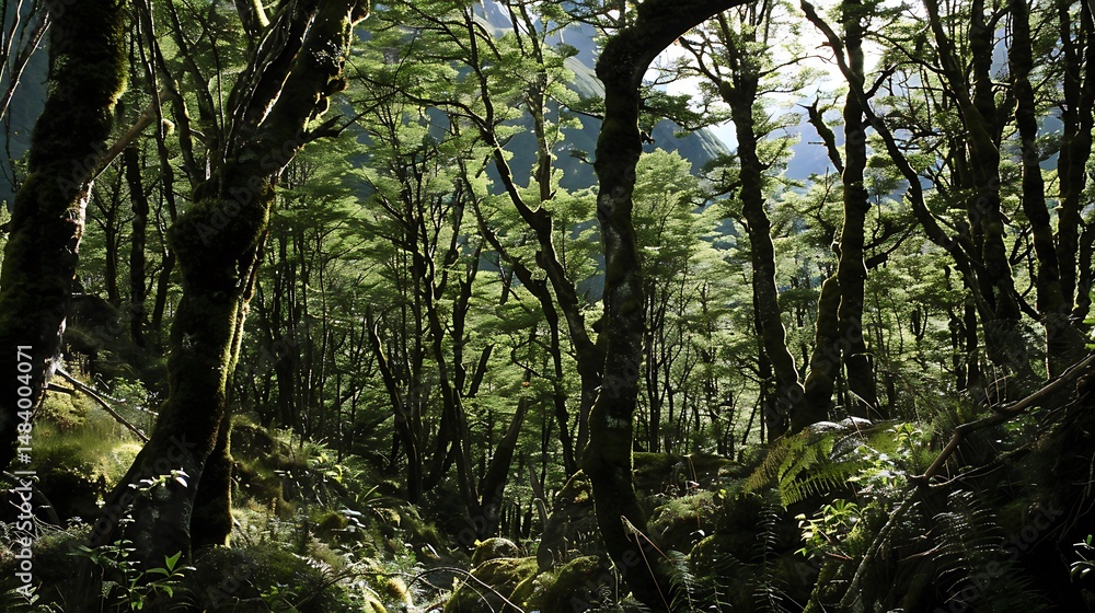 Poster dense green forest with sunlight through tree branches creating shadows