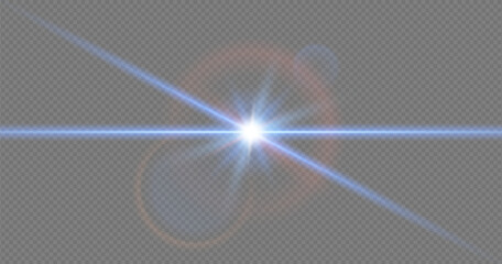 Blue neon flare with bright glow and sparkling beams on dark background. Realistic vector effect for digital or concert design. Shiny lens glare and optical streak for futuristic visuals.