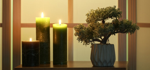 Burning candles and houseplant on table near folding screen in dark room