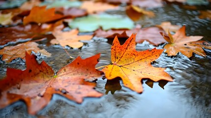 Autumn Leaves Floating on Water, Fall Season Nature Photography