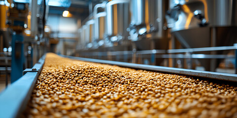 Beer mugs with foam in bright brewery factory interior