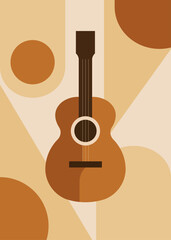 minimalist guitar illustration with geometric elements, flat design. orange, yellow, beige, brown. musical instrument, abstract