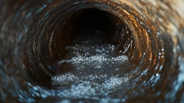 Whirling Tunnel: An inside view of water swirling through a narrow tunnel or pipe, evoking a sense of depth and movement, with the play of light adding to the abstract composition. 