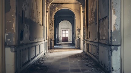 Fototapeta premium Dilapidated Interior Hallway With Arched Openings Leading To Wooden Door