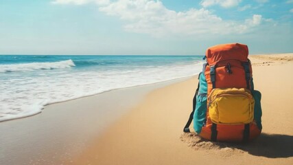 Seaside Expedition: A vibrant backpack rests on the sandy shore, beckoning travelers towards a journey of discovery and adventure amidst the serene seascape, embodying the allure of wanderlust.