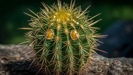 A macro photograph of a cactus with distinctive yellow-orange eyes. The cactus has a pale green body with numerous sharp, light-colored spines radiating outward in all directions