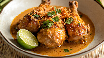 A creamy and rich Gule Ayam, Indonesian chicken curry, served in a shallow bowl and garnished with fried shallots, cilantro, and a lime wedge.