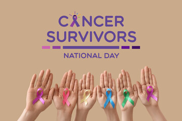 Many hands with different ribbons on beige background. Cancer awareness concept