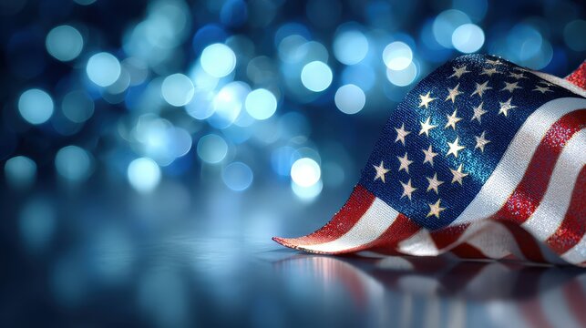 American flag with abstract blue bokeh background.