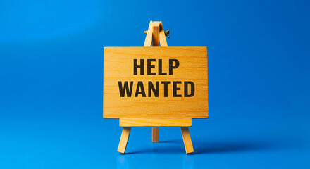 A wooden easel with a help wanted sign against a vibrant blue backdrop in a studio setting
