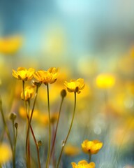 Yellow Flowers in Field with Blurred Background