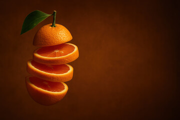 floating sliced orange with green leaf on brown gradient background, juicy tropical fruit in mid-air with copy space for advertising banner or health promotion design