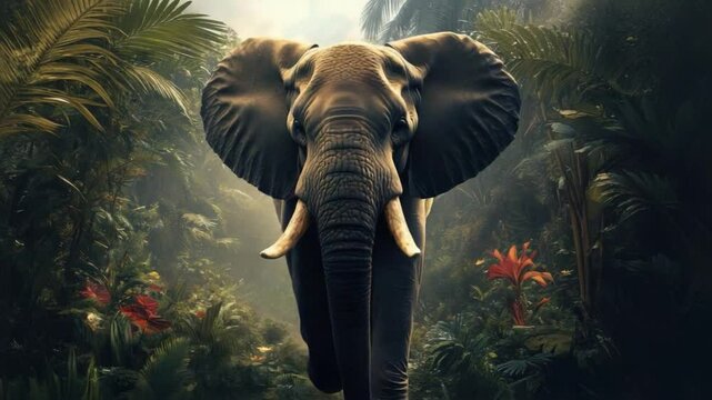 Majestic Elephant in Lush Jungle: A powerful elephant strides confidently through a dense, verdant jungle, its tusks gleaming and ears fanned, embodying the untamed beauty of nature.