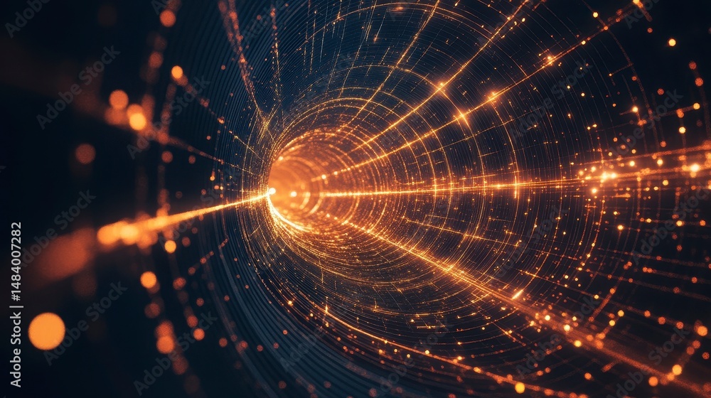 Poster glowing energy tunnel with light streaks and particles.