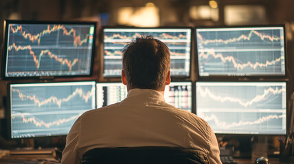 Market analyst monitoring stock data on multiple screens, analyzing trends and making investment decisions in real time.