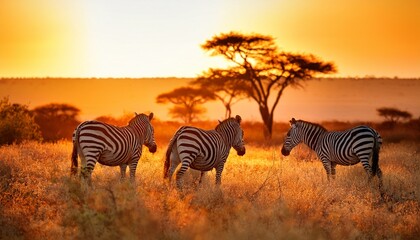 zebras in the savannah golden hour peaceful evening in africa