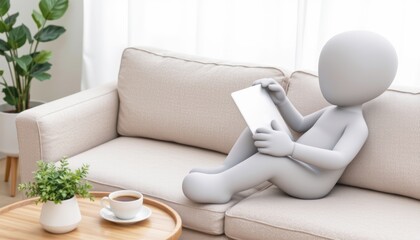 Neutral figure relaxing on a couch while using a tablet.