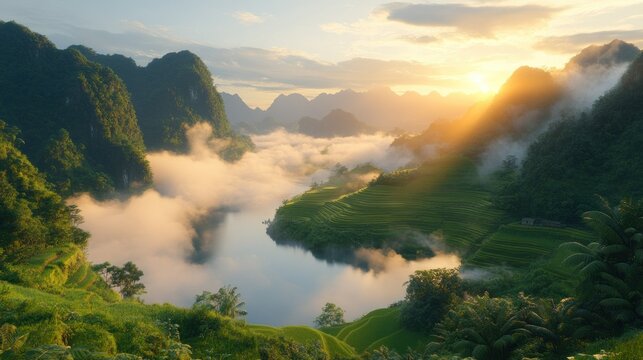 Misty valley at sunrise