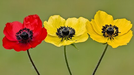 Obraz premium Vibrant Red Yellow Poppy Flowers Trio Bloom Closeup