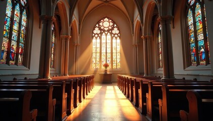 Fototapeta premium A peaceful church interior, sunlight streaming through stained glass windows , faith, altar, spirituality