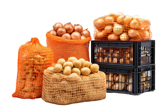 Mesh bags and crates filled with onions and potatoes isolated on transparent background