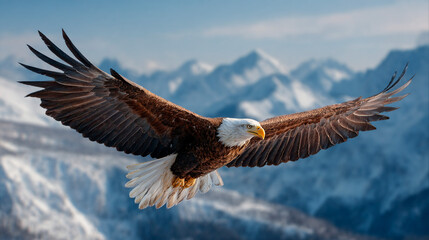 Obraz premium Majestic soaring eagle in flight against the backdrop of snow-capped mountains