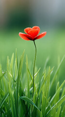 Vibrant single red flower amidst pantone 7737c green lawn grass