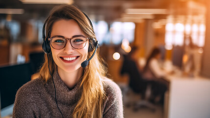 Friendly customer service representative with headset in an office setting ready to assist with a smile. Professional and approachable.