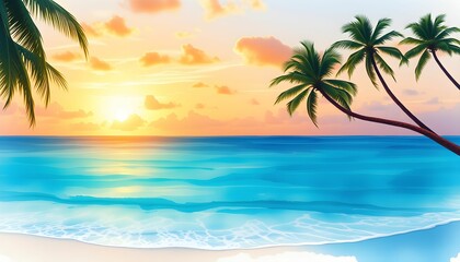 Fototapeta premium Serene Tropical Sunset Palm Trees, Ocean, and Beach Paradise