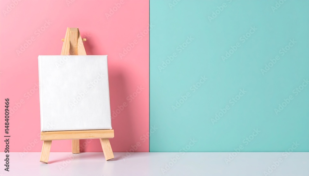 Poster easel with blank canvas on pink and blue.