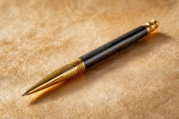 Elegant luxury pen with gold accents on textured surface.