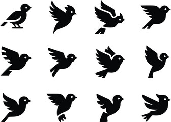 Graceful Flight Dynamic Feathered Friends Bird Wildlife Silhouette Vector Glyph Icons