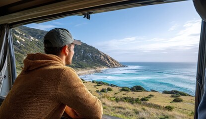 Man enjoying coastal view from van window.