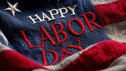 Close-up of embroidered 'Happy Labor Day' on American flag fabric.