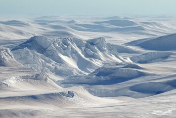 Expansive icy landscape with snow-covered hills.