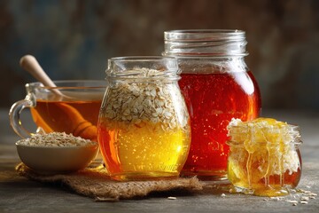 Rustic setup with jars of honey and oatmeal.