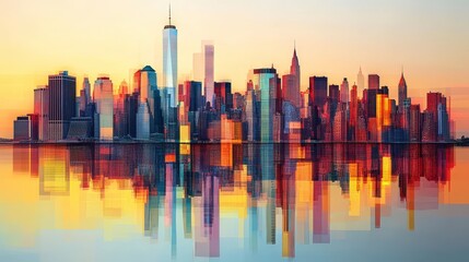 Fototapeta premium Vibrant sunset cityscape reflected in calm water.