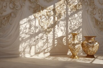 Elegant gold vases with intricate designs in sunlight.