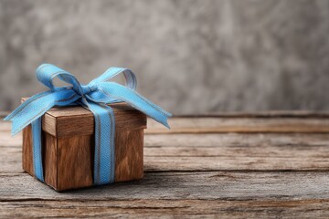 Wooden gift box with blue ribbon on rustic wooden table.