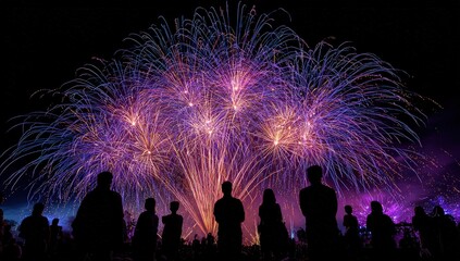 Silhouetted crowd watching vibrant fireworks display.