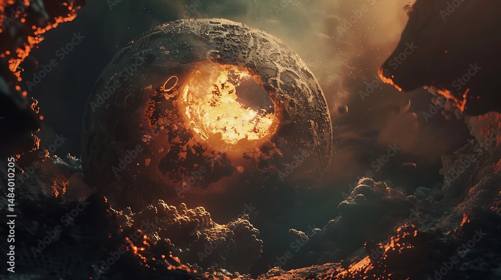 Poster glowing sphere amidst abstract pixelated stone structure in a dark space