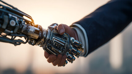 A handshake between a human and a robot in a futuristic environment, symbolizing collaboration and technological advancement.