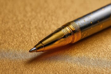 Elegant ballpoint pen on golden textured surface.