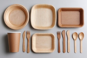 Eco-friendly disposable tableware set on gray surface.