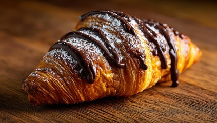 Delicious chocolate-drizzled croissant on wooden surface.