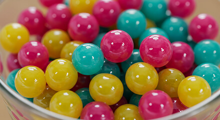 Colorful Gumballs A CloseUp of Yellow Pink and Teal Spheres in a Glass Bowl