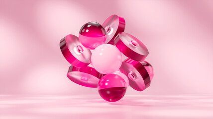 Fototapeta premium A minimalist 3D rendering of floating translucent pink and purple geometric shapes against a light pink background
