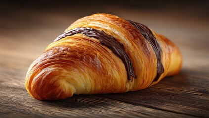 Golden croissant with chocolate drizzled on a wooden surface.