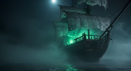 Ghost Ship Sailing Under Full Moon in Fog