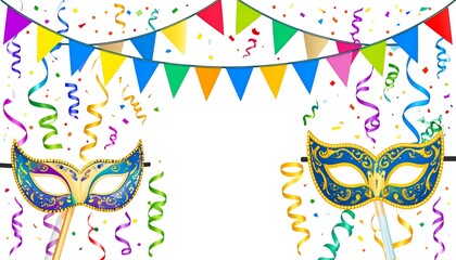 Festive Carnival Masks with Confetti, and Streamers.